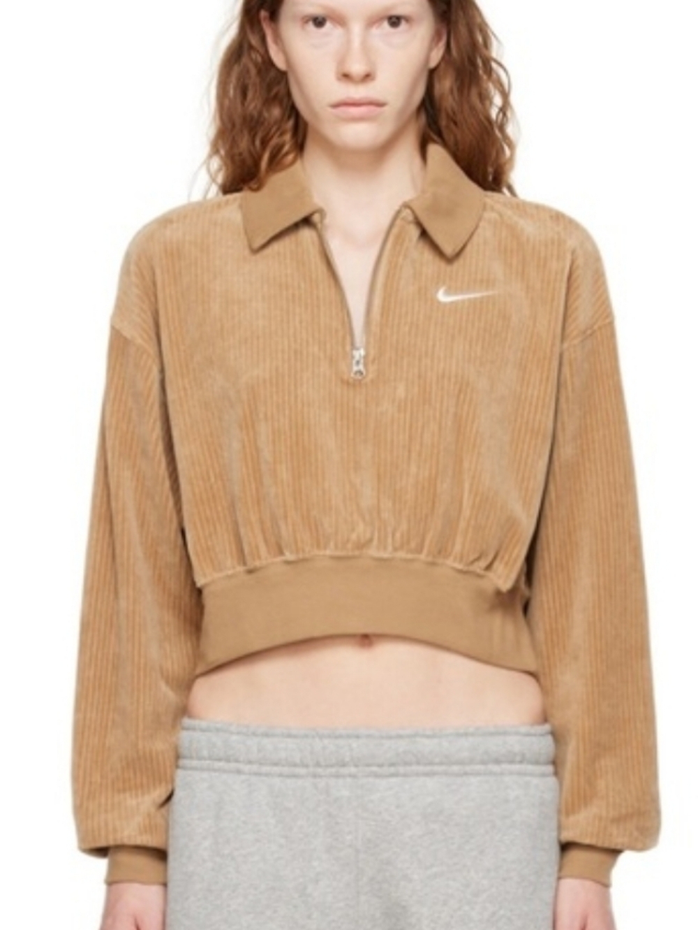 Nike Tan Top Corduroy Cropped Quarter-Zip Sweatshirt